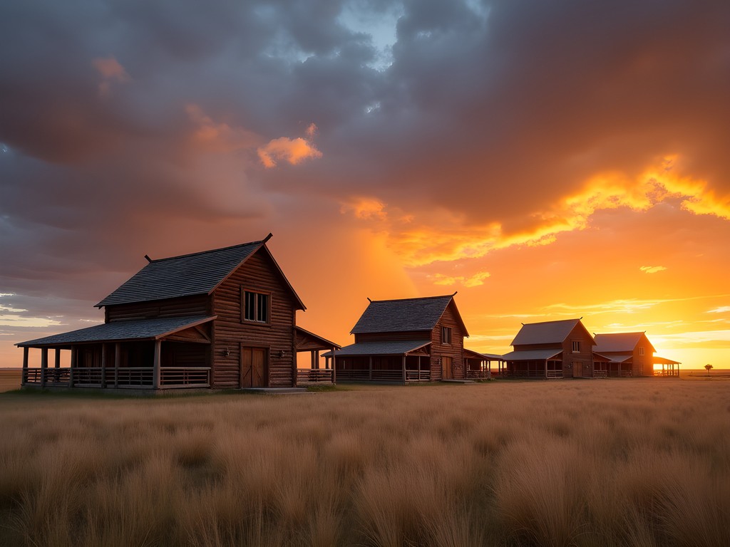 Fort Union Trading Post National Historic Site at sunset with golden light illuminating the reconstructed wooden buildings