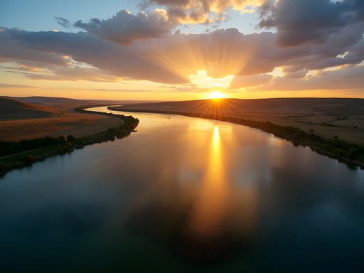 African American woman meditating at the confluence of Missouri and Yellowstone rivers at sunset