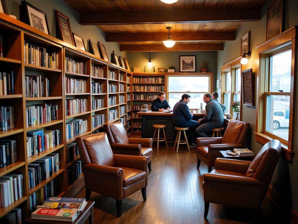 Cozy independent bookstore in Williston with local residents gathered in conversation