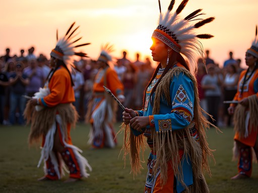 Traditional powwow celebration in Williston with dancers in colorful regalia performing at sunset