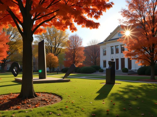 Delaware Art Museum sculpture garden with contemporary installations among fall foliage