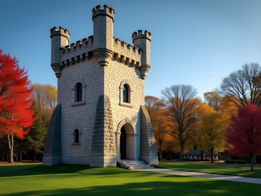 Bancroft Tower stone castle structure surrounded by autumn foliage in Worcester