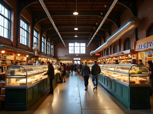 Worcester Public Market interior with vendors and historic brick architecture