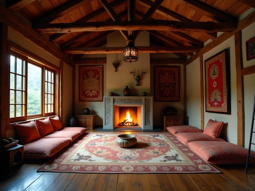 Interior of traditional Tujia family homestay with wooden architecture and central fireplace