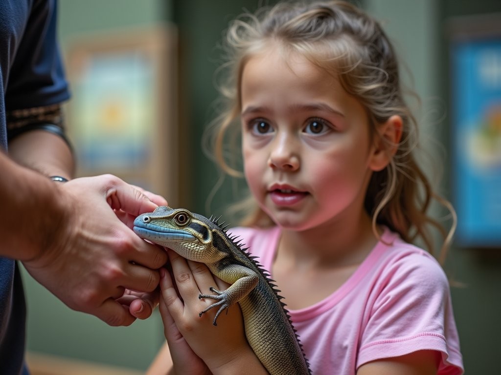 Young girl cautiously holding blue-tongued lizard at Alice Springs Reptile Centre