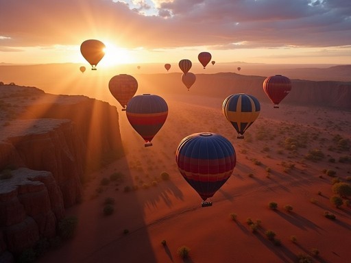 Hot air balloons floating over MacDonnell Ranges at sunrise in Alice Springs