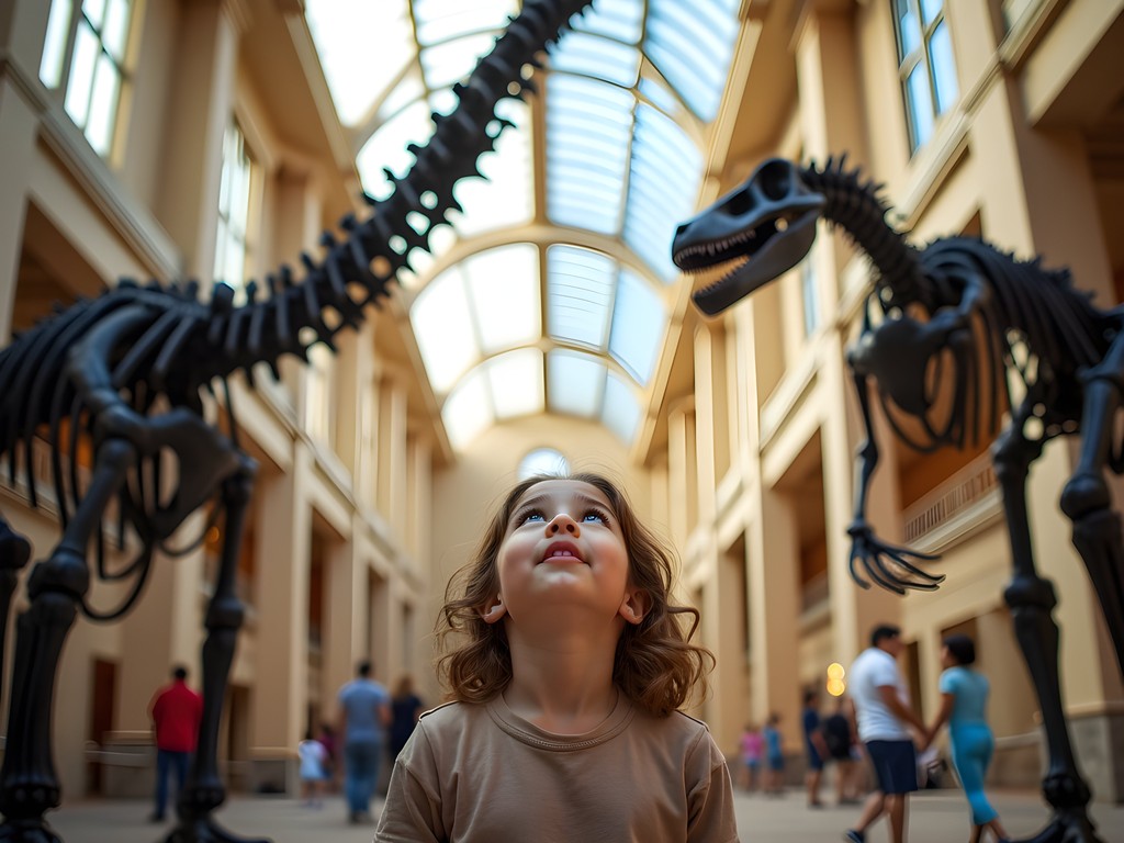 Child looking up at towering dinosaur skeletons at Fernbank Museum in Atlanta