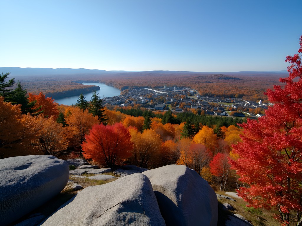 Panoramic autumn foliage view from Mt. Apatite summit overlooking Auburn, Maine