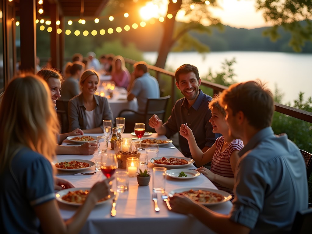 Family enjoying dinner on the riverfront patio at DaVinci's Eatery in Auburn, Maine