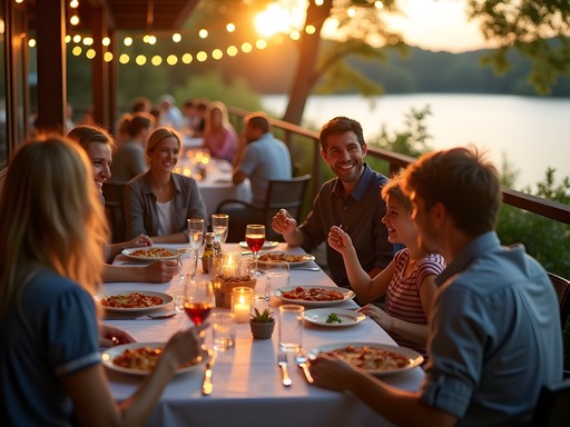 Family enjoying dinner on the riverfront patio at DaVinci's Eatery in Auburn, Maine