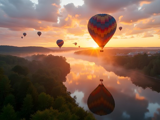 Colorful hot air balloons rising over Androscoggin River at Great Falls Balloon Festival in Auburn-Lewiston, Maine