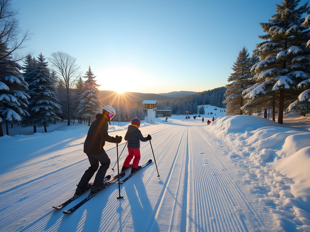 Family skiing at Lost Valley Ski Area in Auburn, Maine during winter