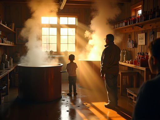 Family watching maple syrup production at Jillson's Farm in Auburn, Maine