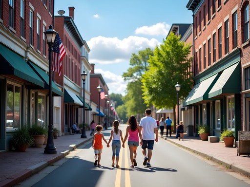 Walkable downtown Augusta Maine street with historic buildings and family