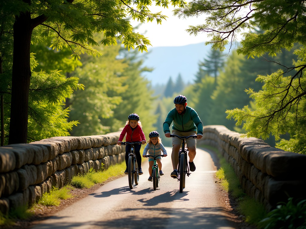 Family cycling across stone bridge on Acadia's carriage roads