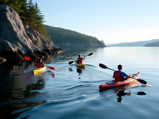 Family sea kayaking near Porcupine Islands in Acadia National Park