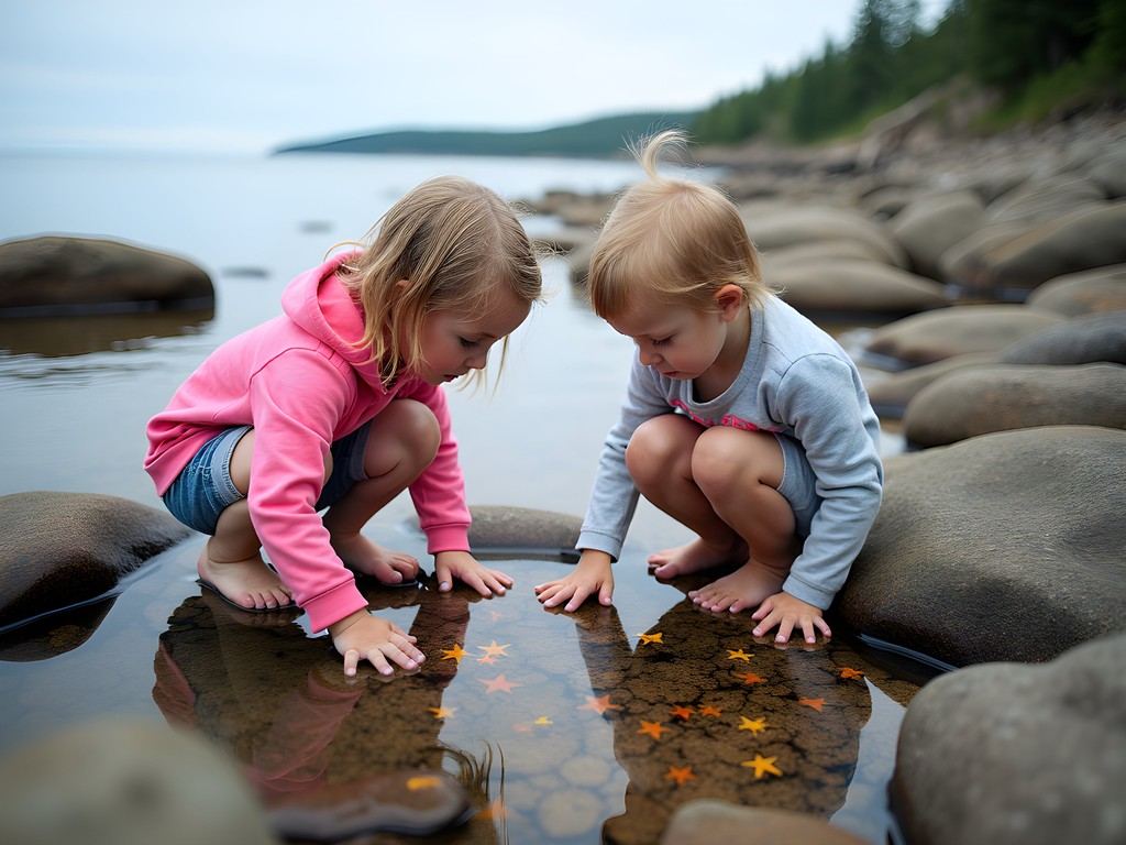 Children exploring tide pools on Wonderland Trail in Acadia National Park
