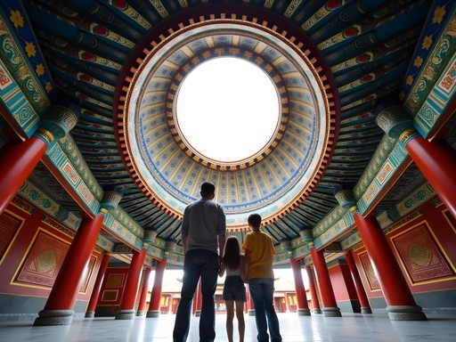 Family exploring sacred geometry patterns at Temple of Heaven in Beijing