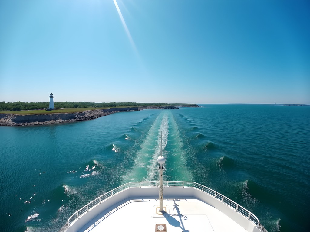 Traditional ferry approaching Block Island with North Light lighthouse visible