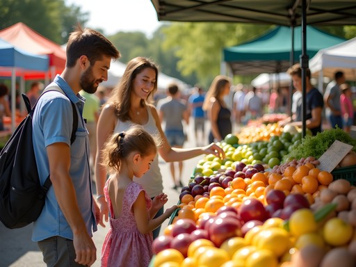 Family shopping at Bowie Farmers Market examining fresh produce