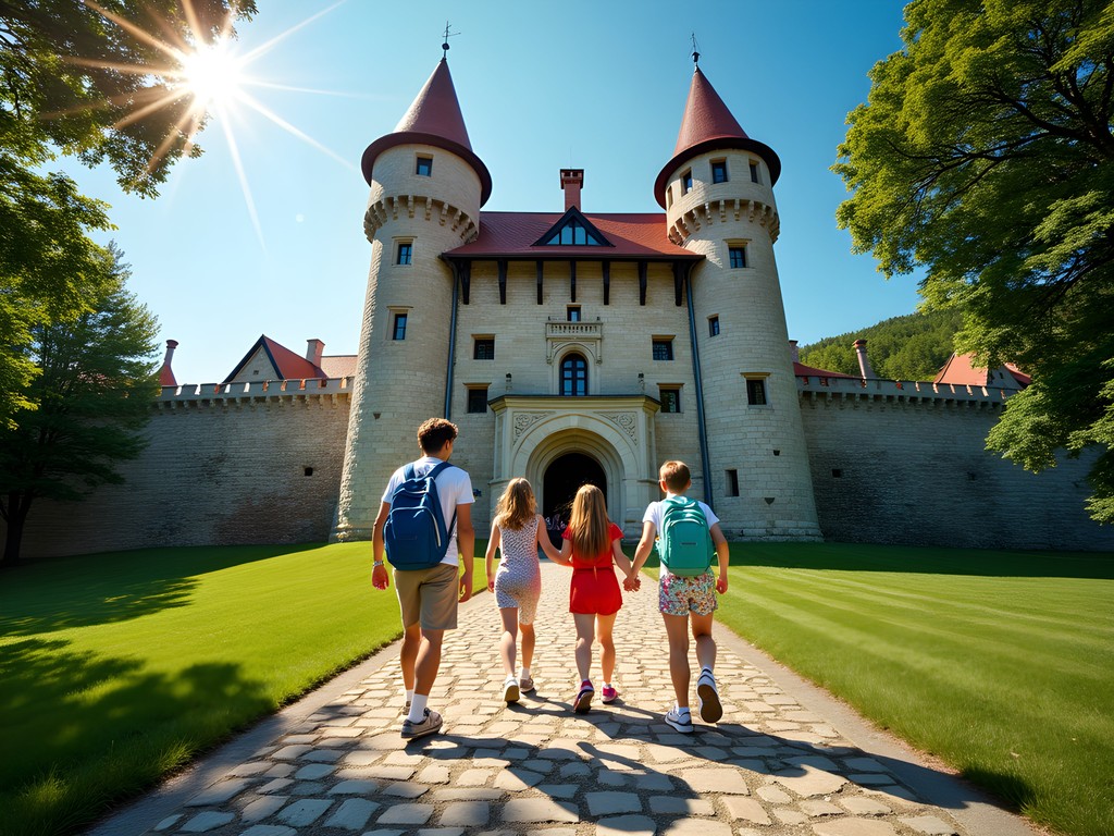 Family approaching the entrance to Bran Castle in Romania