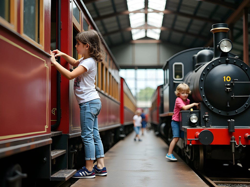 Children exploring interactive train exhibits at The Workshops Rail Museum near Brisbane