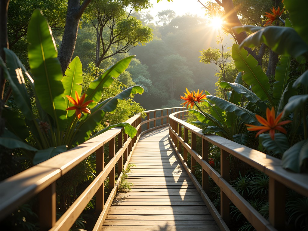 Elevated wooden walkway through lush tropical foliage at Caguas Botanical Garden