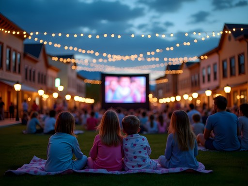 Families gathering at Indian Creek Plaza in downtown Caldwell for outdoor movie night