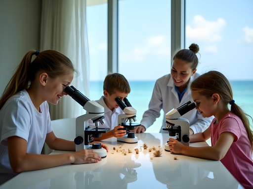 Children examining marine specimens at Cancun resort science program