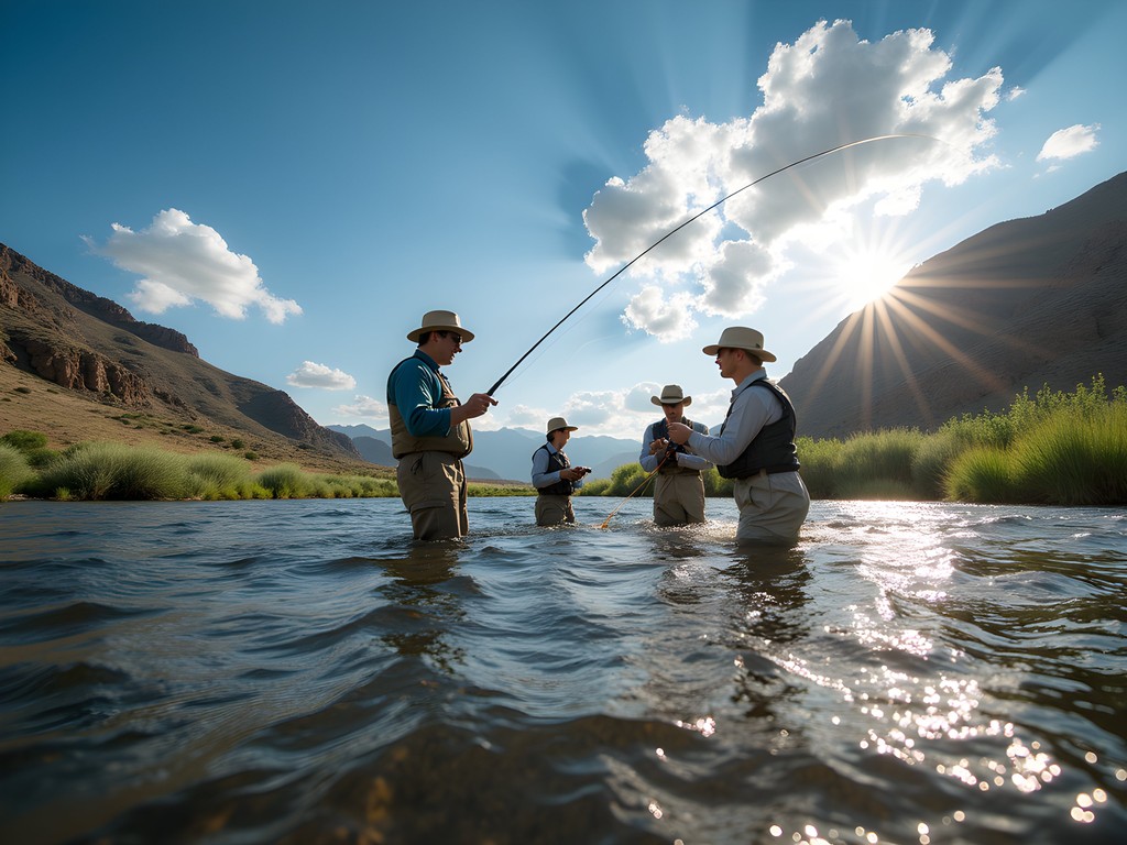 Family fly fishing lesson on North Platte River in Casper Wyoming