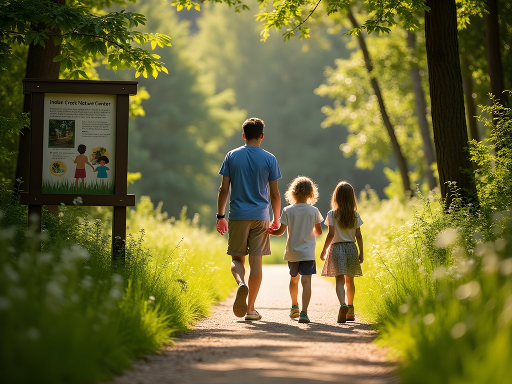 Family exploring woodland trail at Indian Creek Nature Center in Cedar Rapids