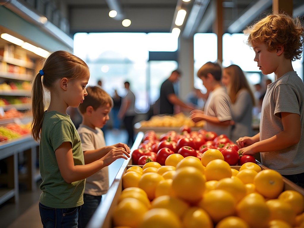 Family sampling local foods at vendor stalls in NewBo City Market