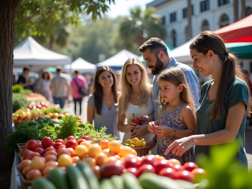 Family exploring Charleston Farmers Market with local vendors