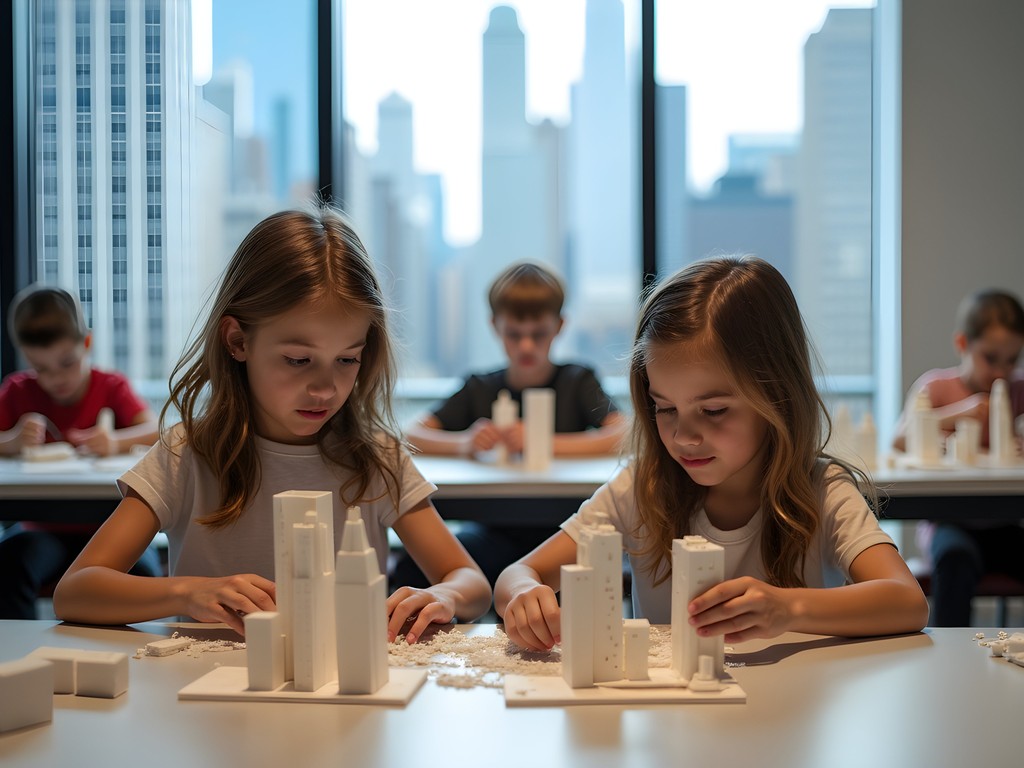 Children building architectural models at Chicago Architecture Center family workshop