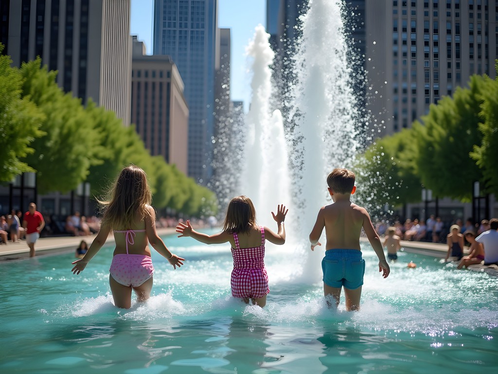 Children playing in Crown Fountain at Millennium Park Chicago during summer