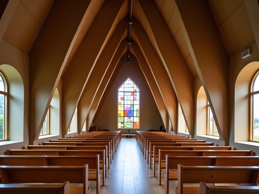 Interior of the Cardboard Cathedral in Christchurch showing cardboard tube construction