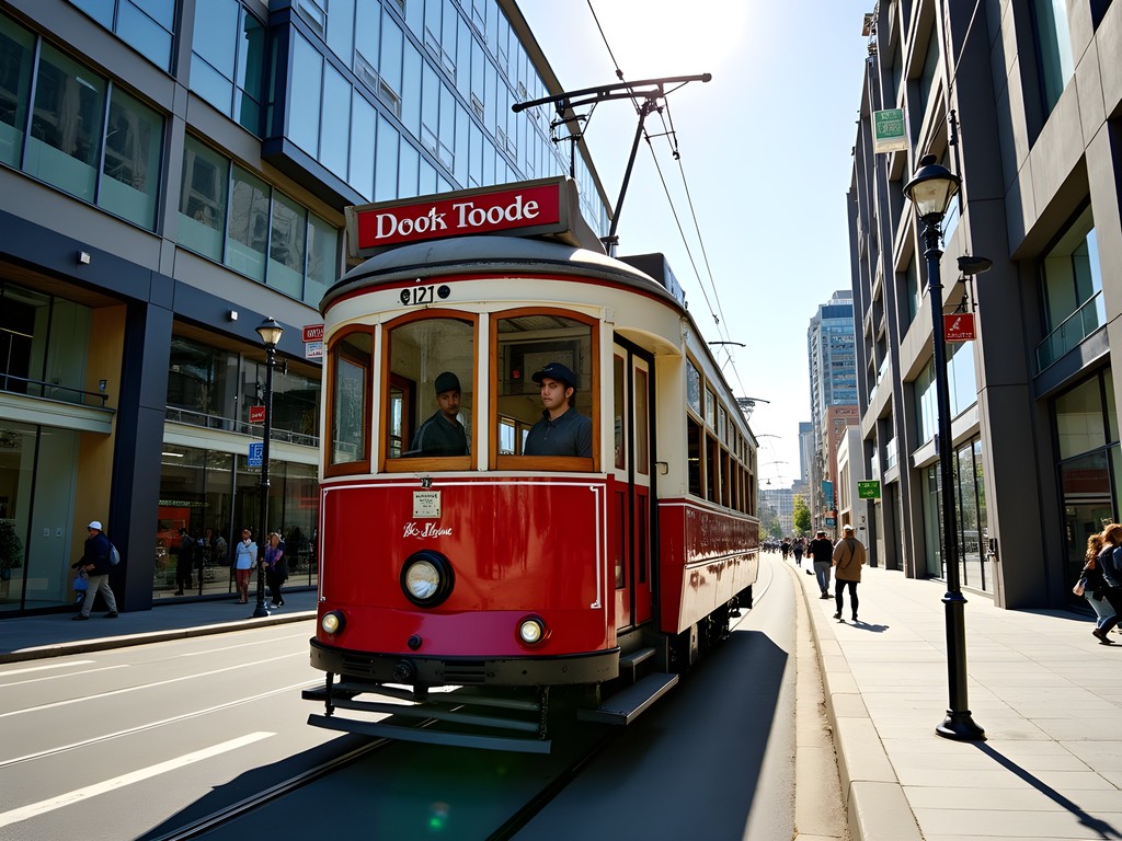 Historic tram passing modern post-earthquake architecture in central Christchurch