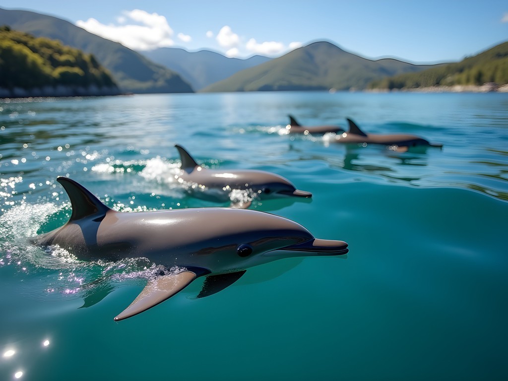 Hector's dolphins swimming alongside boat in Akaroa Harbor near Christchurch