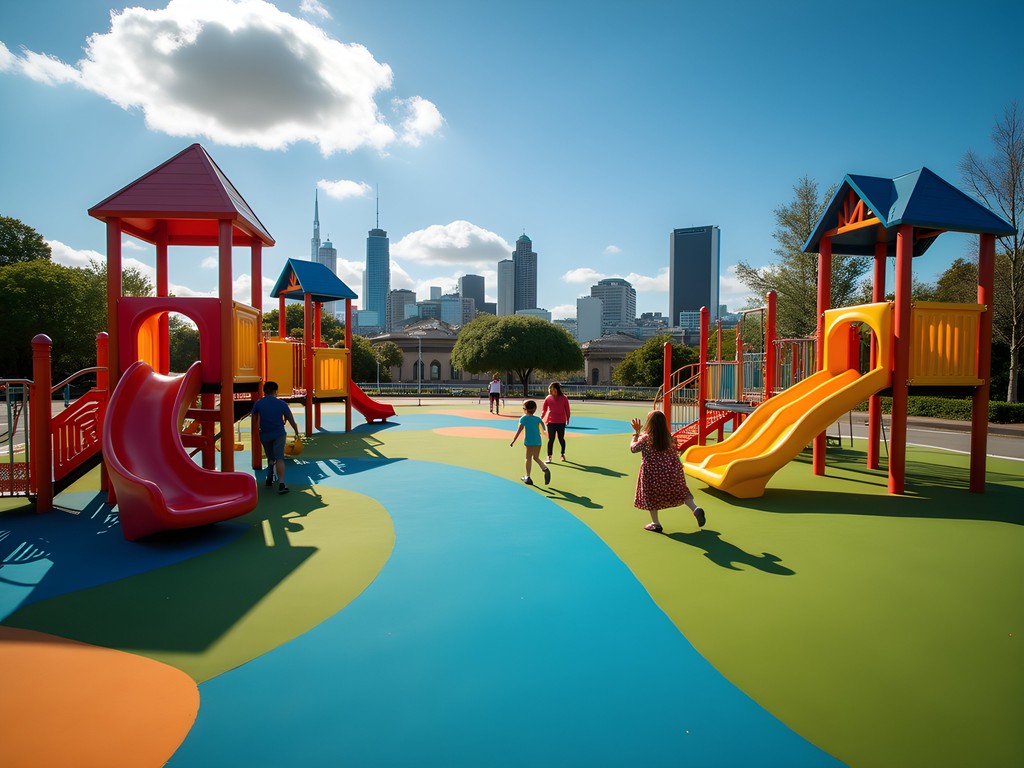 Colorful play structures at Margaret Mahy Playground with Christchurch skyline in background