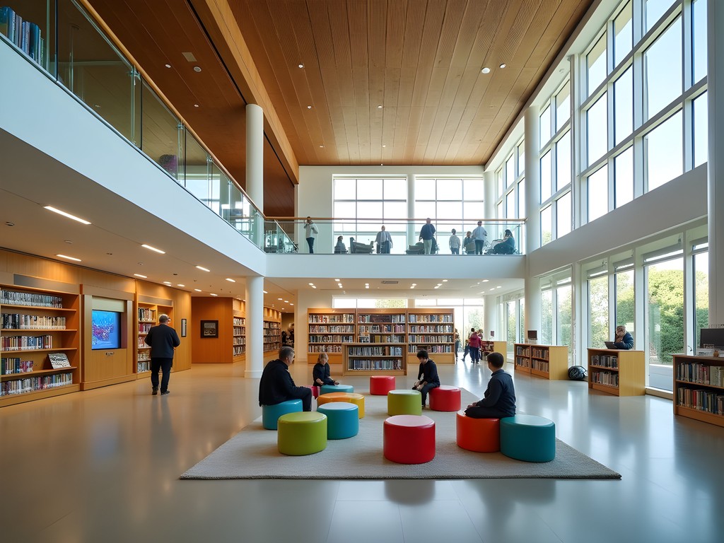 Modern interior of Turanga Central Library with interactive displays in Christchurch