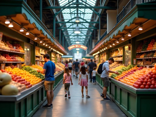 Family exploring food vendors at historic Findlay Market in Over-the-Rhine