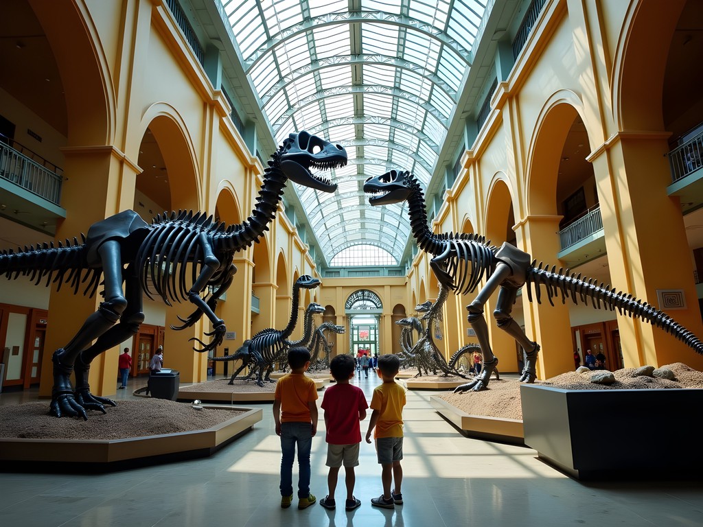 Children exploring dinosaur exhibit at Cincinnati Museum Center
