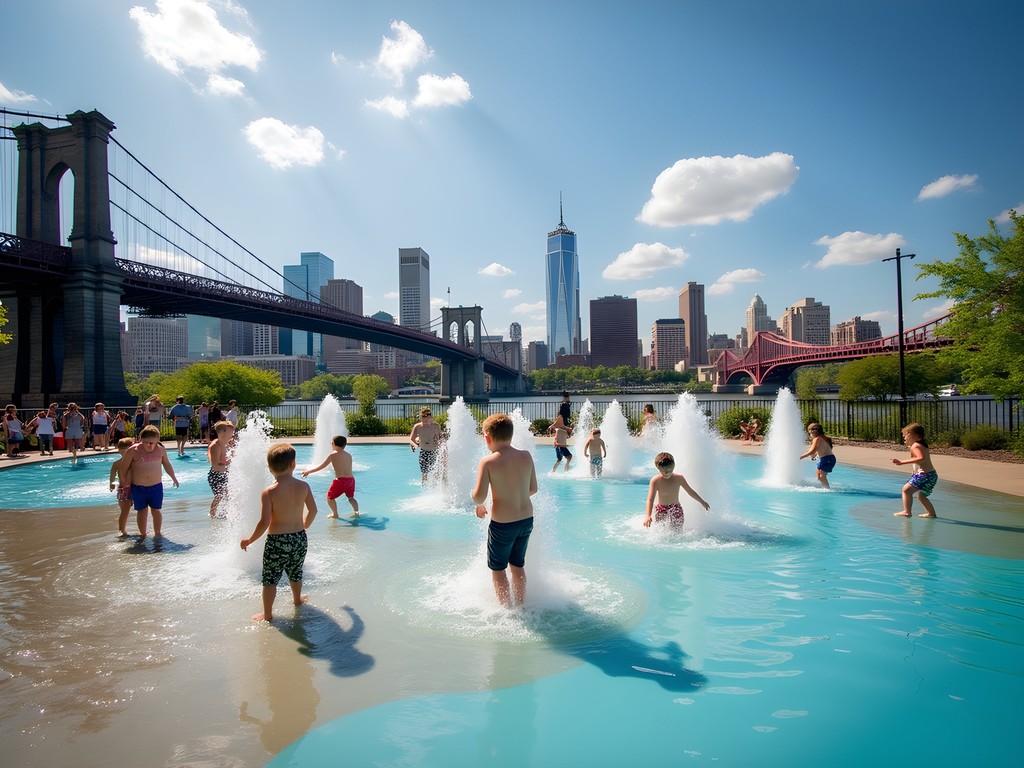 Children playing at Smale Riverfront Park adventure playground with Cincinnati skyline