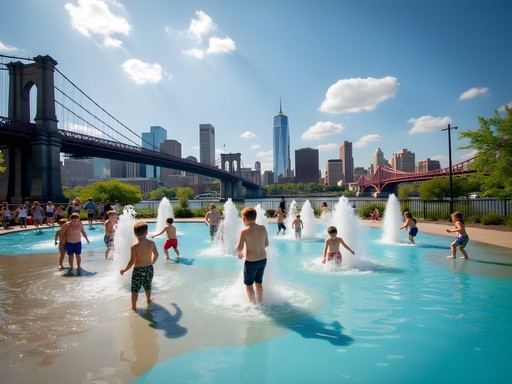 Children playing at Smale Riverfront Park adventure playground with Cincinnati skyline