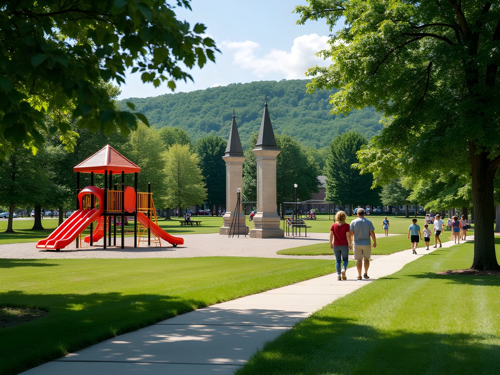 Families enjoying Veterans Memorial Park in Clarksburg with playground and memorials visible