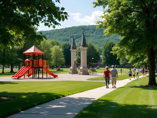 Families enjoying Veterans Memorial Park in Clarksburg with playground and memorials visible