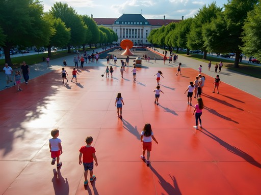Children playing on colorful international equipment at Superkilen Park in Copenhagen