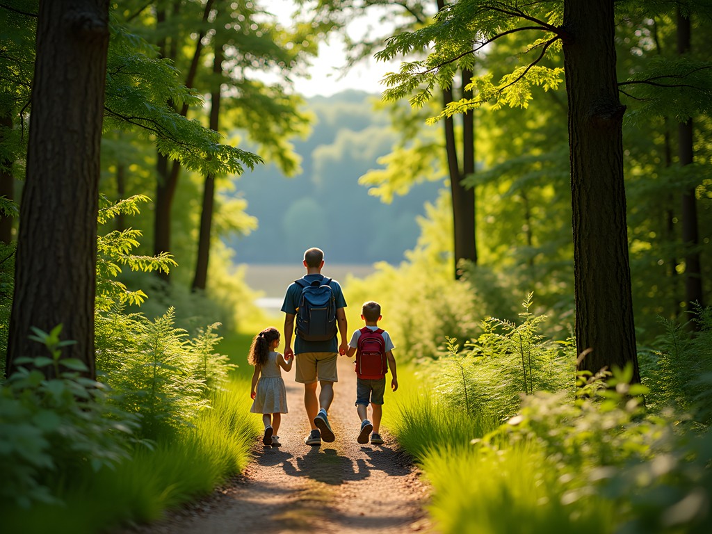 Family hiking through forested trails at Mines of Spain Recreation Area in Dubuque