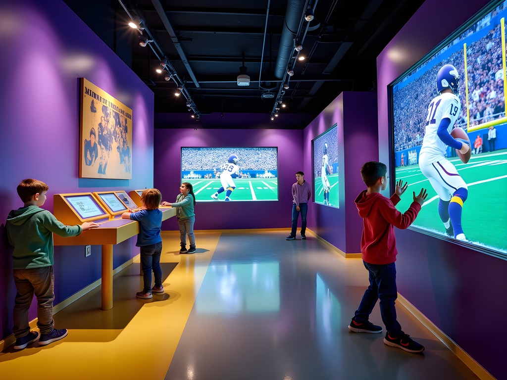Children enjoying interactive football exhibits at Minnesota Vikings Museum in Eagan