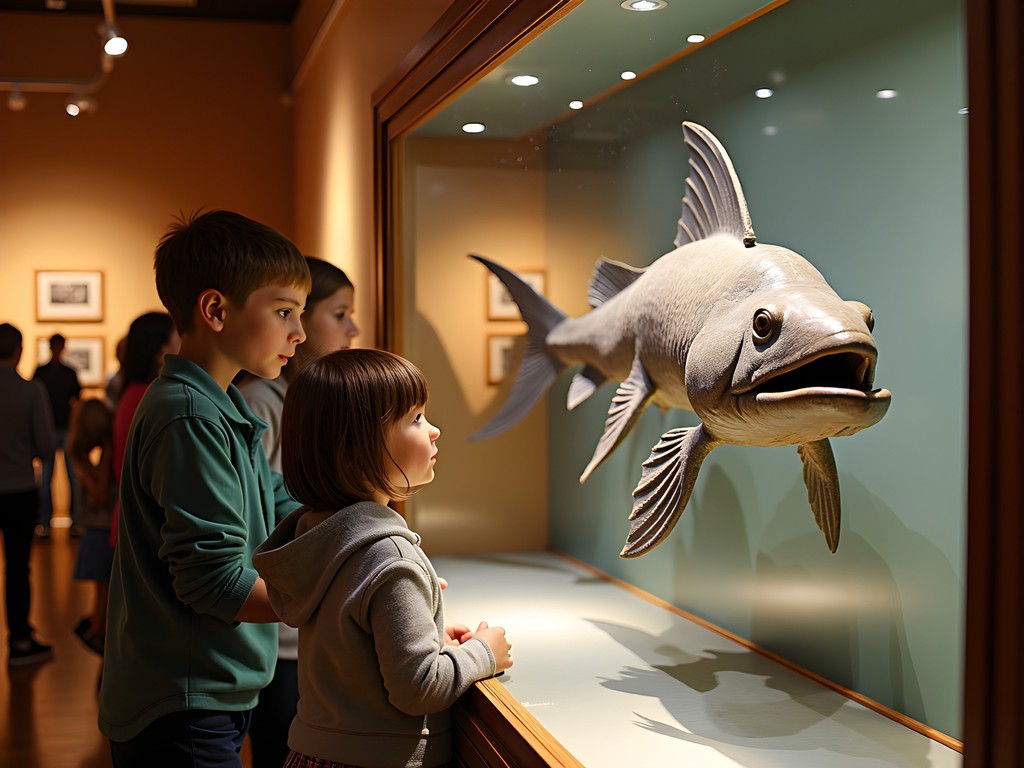 Famous coelacanth specimen display at East London Museum with children observing